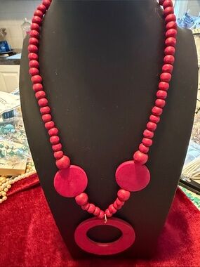 Red Wooden Statement Necklace - Unsigned 20”